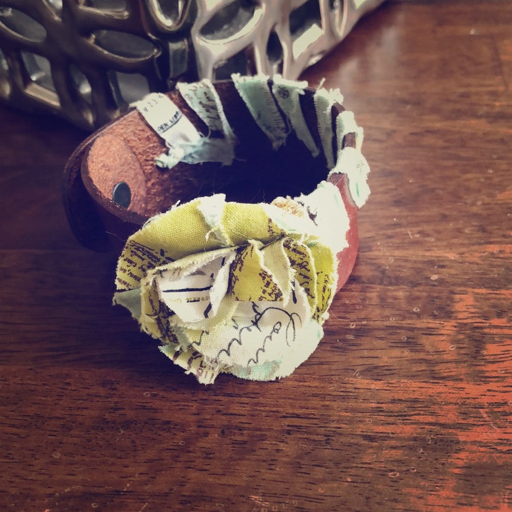 Unique Handmade Floral Bracelet Leather Fabric Rosette Cuff Button Snap 8.5"